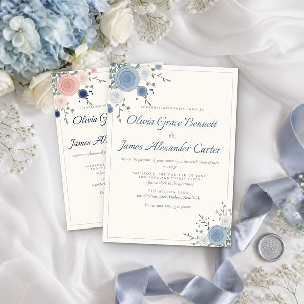 Dusty Blue Florals Invitation