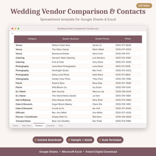 Wedding Vendor Comparison & Contacts