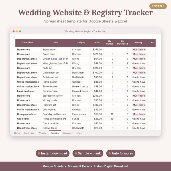 Wedding Website & Registry Tracker