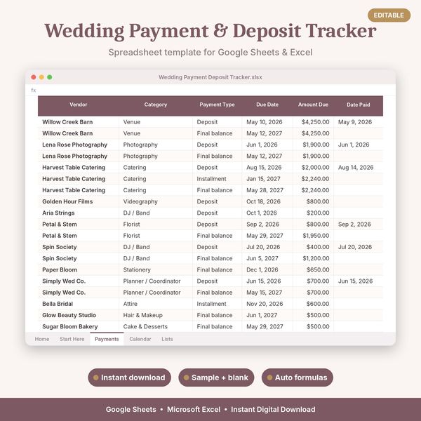 Wedding Payment & Deposit Tracker